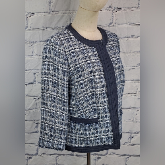 Robert Talbott Petite Women's Tweed Jacket Chambray Trim Blazer Navy Size 12P - Picture 8 of 16